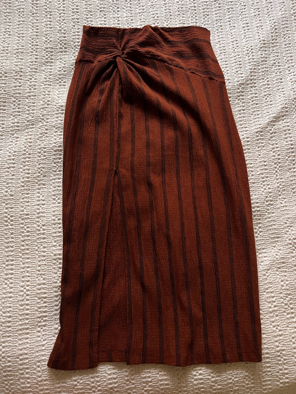 H&M Ribbed Midi Skirt in Rust with Black Stripes